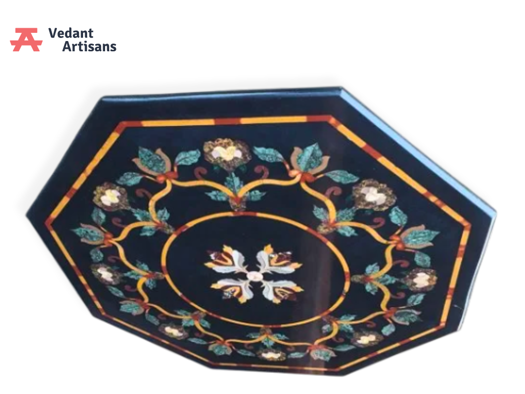 Octagonal Black Marble Side Table : Floral Pietradura Inlay Design